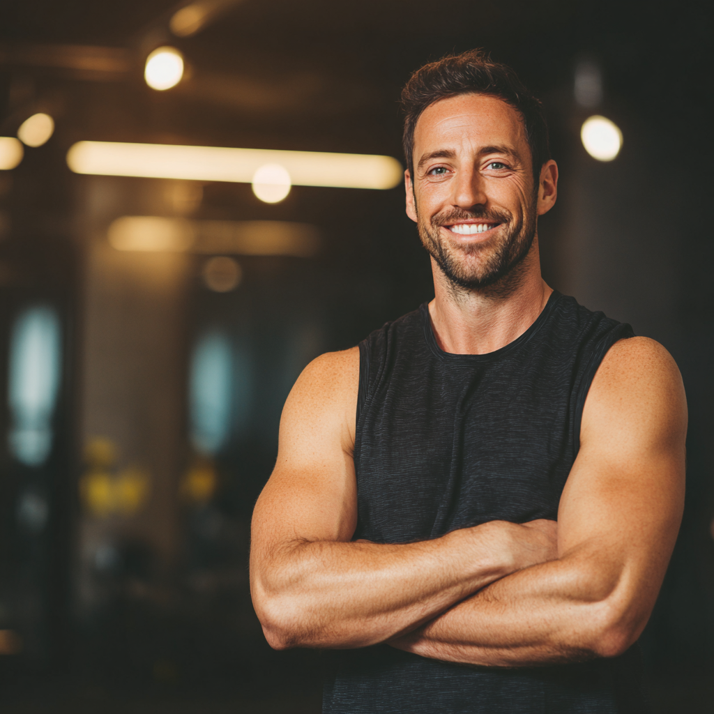 Smiling middle-aged European woman in athletic wear doing yoga pose outdoors in a park, looking energetic and healthy