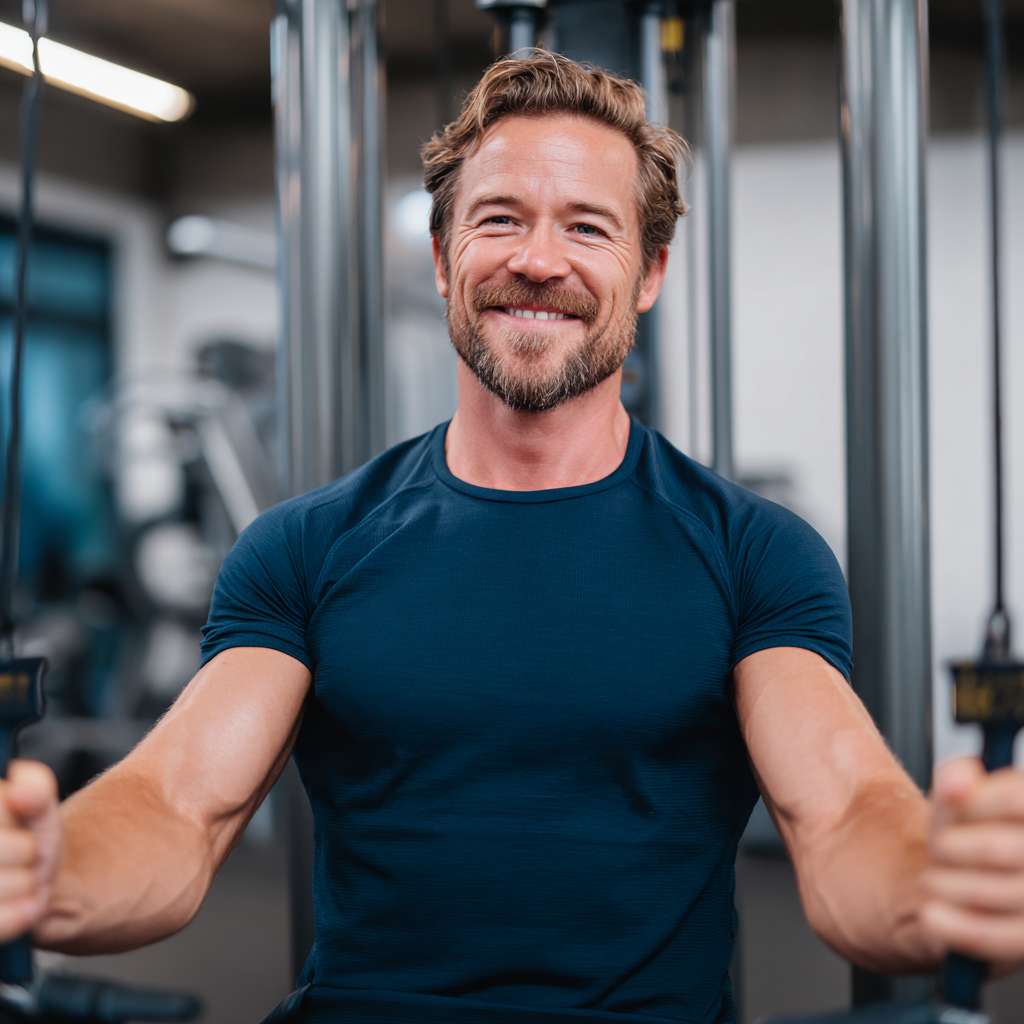Cheerful European woman in her 40s preparing a healthy meal in a bright kitchen, wearing casual athletic clothing and smiling while chopping vegetables